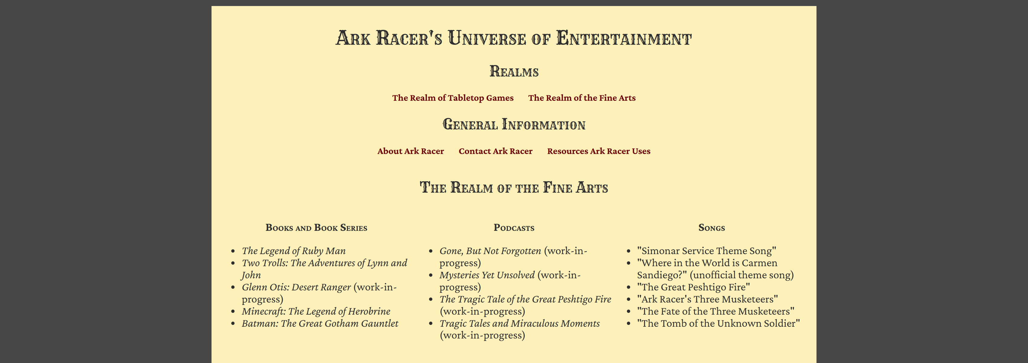 A screenshot of the project subpage 'The Realm of the Fine Arts'.