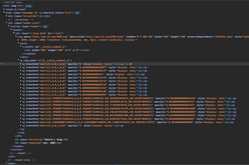 A screenshot of a portion of the source code for the homepage of Veerle.