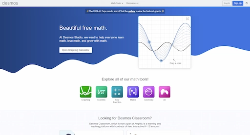 A screenshot of the homepage of Desmos.